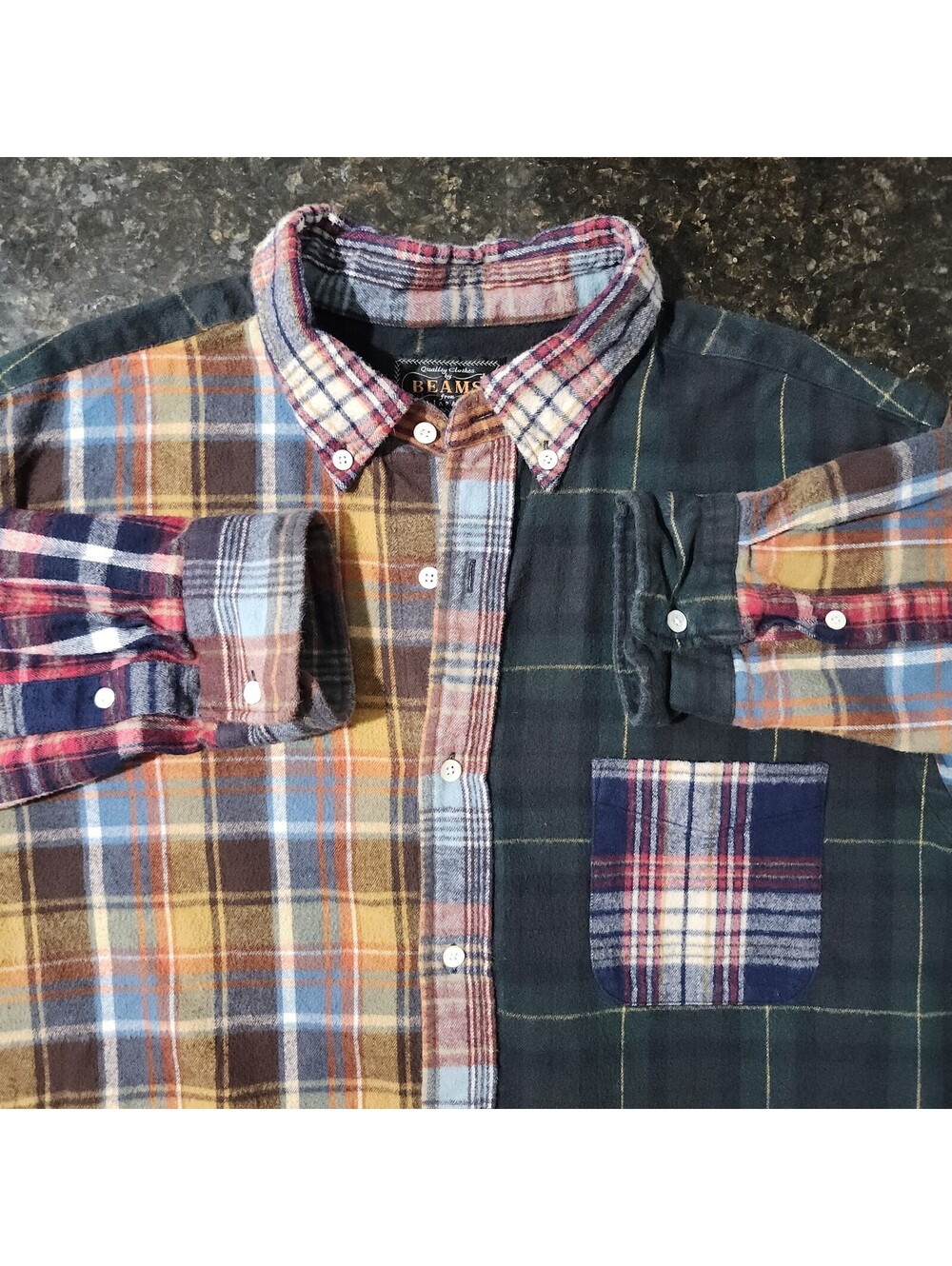 Beams Flannel Patchwork Multicolor Plaid Made Japan Outdoor Streetwear Mens XL